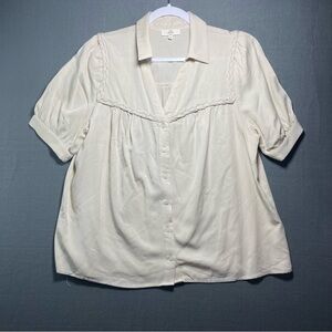Entro Boho Blouse Cream Braided Trim Button Front Cottagecore Top M